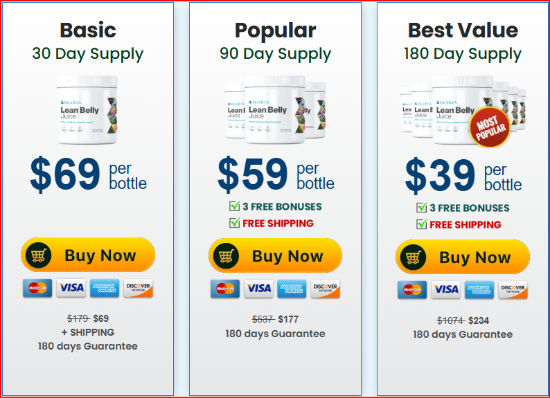 Ikaria Lean Belly Juice review — official pricing table showing 1 bottle 3 bottle and 6 bottle options