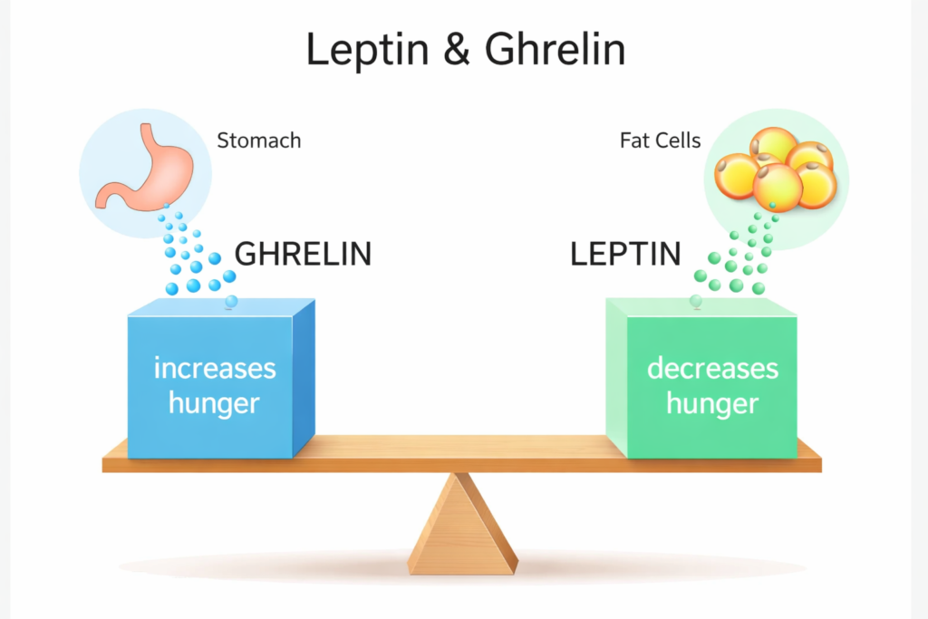Leptin and ghrelin hormones diagram showing hunger and fullness signals in HoneyBurn review