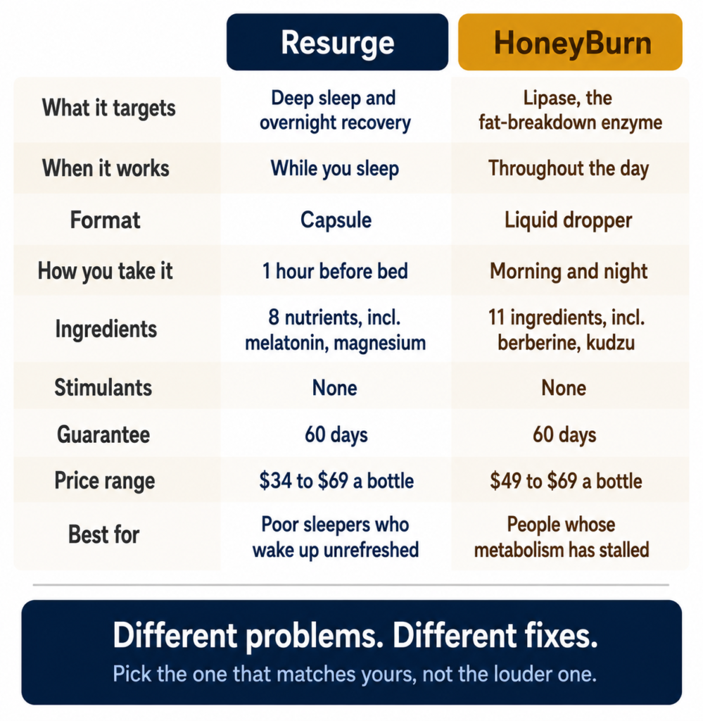Resurge vs HoneyBurn comparison — ingredients, pricing, guarantee and what each targets