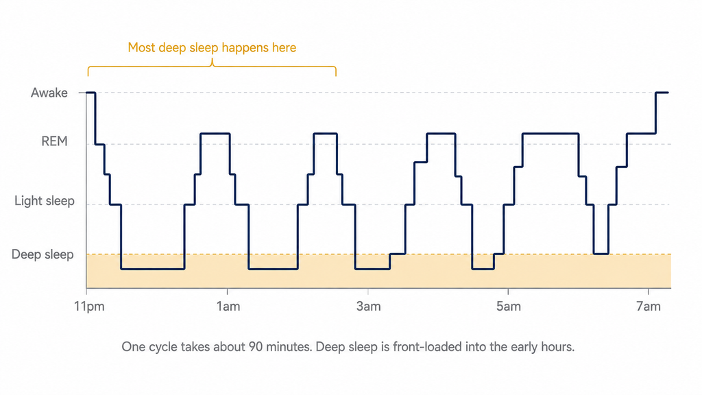 Sleep stages through the night — why do I wake up tired after 8 hours sleep explained by deep sleep timing
