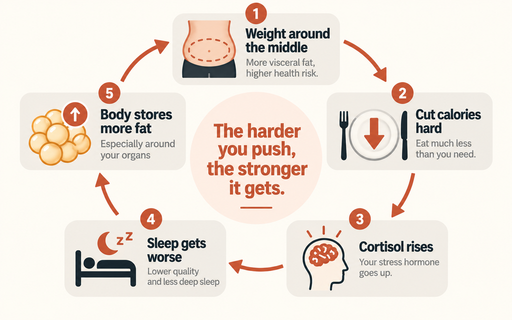 Cortisol belly fat cycle — how aggressive dieting raises cortisol and drives more fat storage