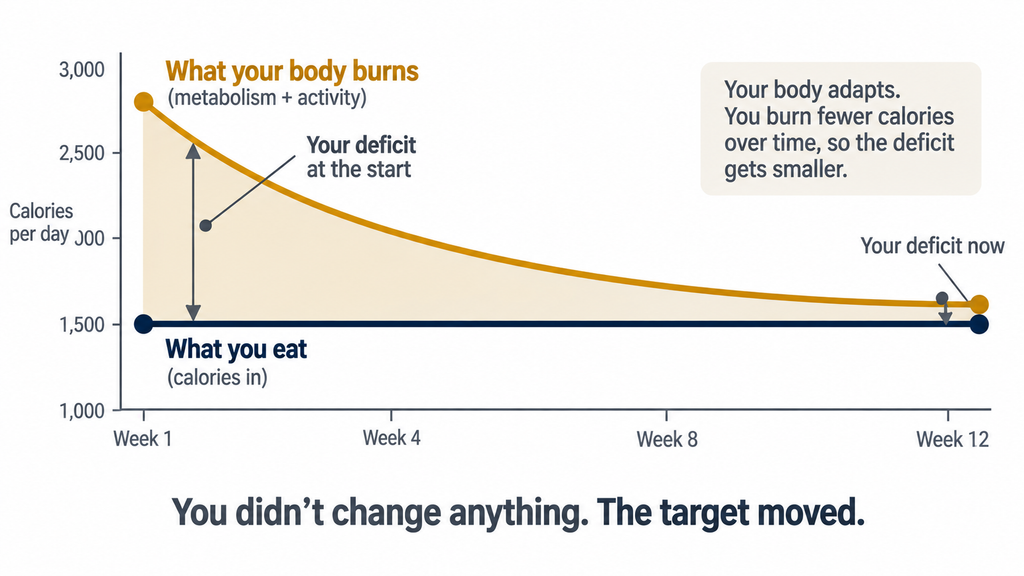 Calorie deficit but not losing weight — how metabolic adaptation shrinks your deficit over time