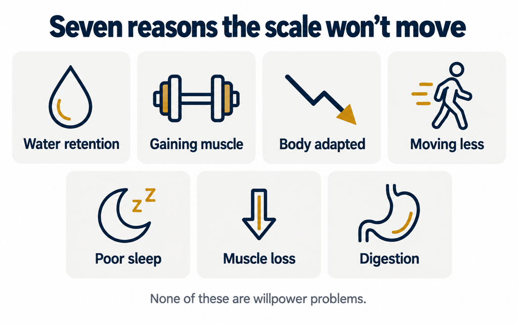 Seven reasons for a calorie deficit but not losing weight — water, muscle, adaptation, movement, sleep and digestion