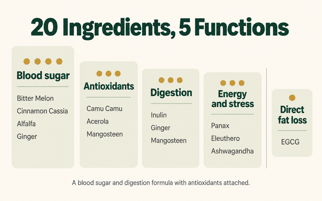 Nagano Tonic reviews — how the 20 ingredients group by function, with only one targeting fat loss directly