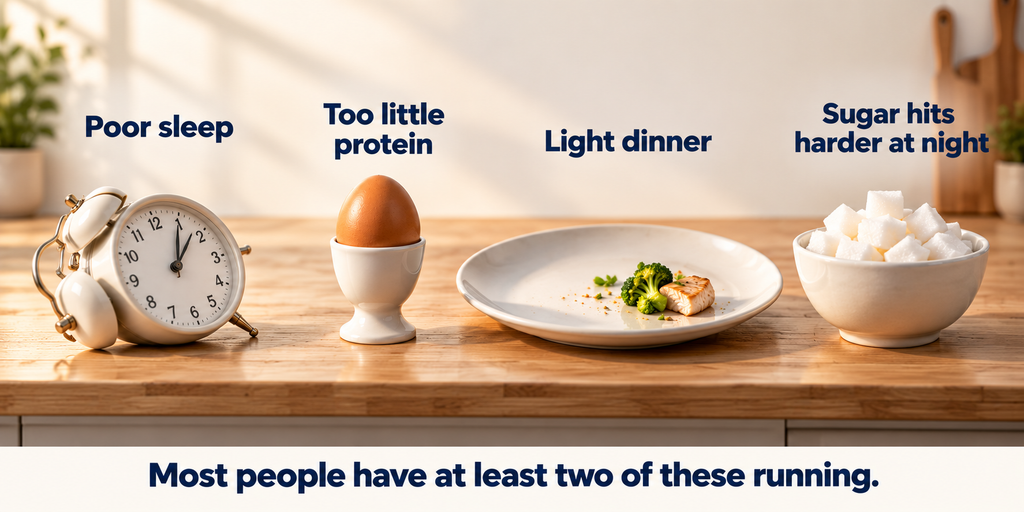 Four things that worsen late night cravings — poor sleep, low protein, light dinner and evening insulin drop