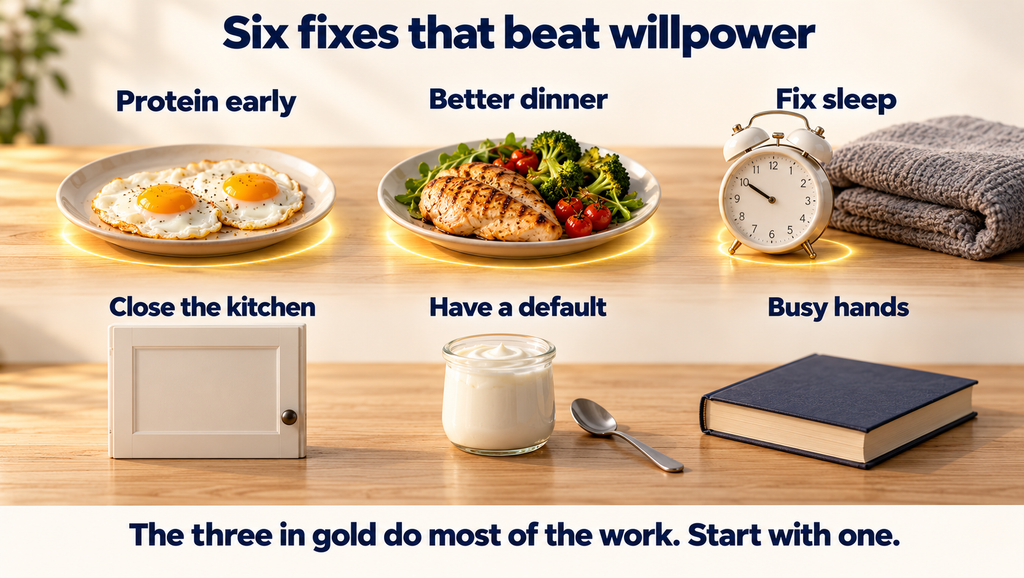 Six ways to stop nighttime sugar cravings — protein, dinner, sleep, kitchen cutoff, defaults and distraction
